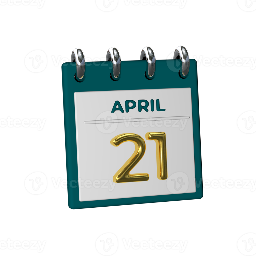 Monthly Calendar 21 April 3D Rendering png