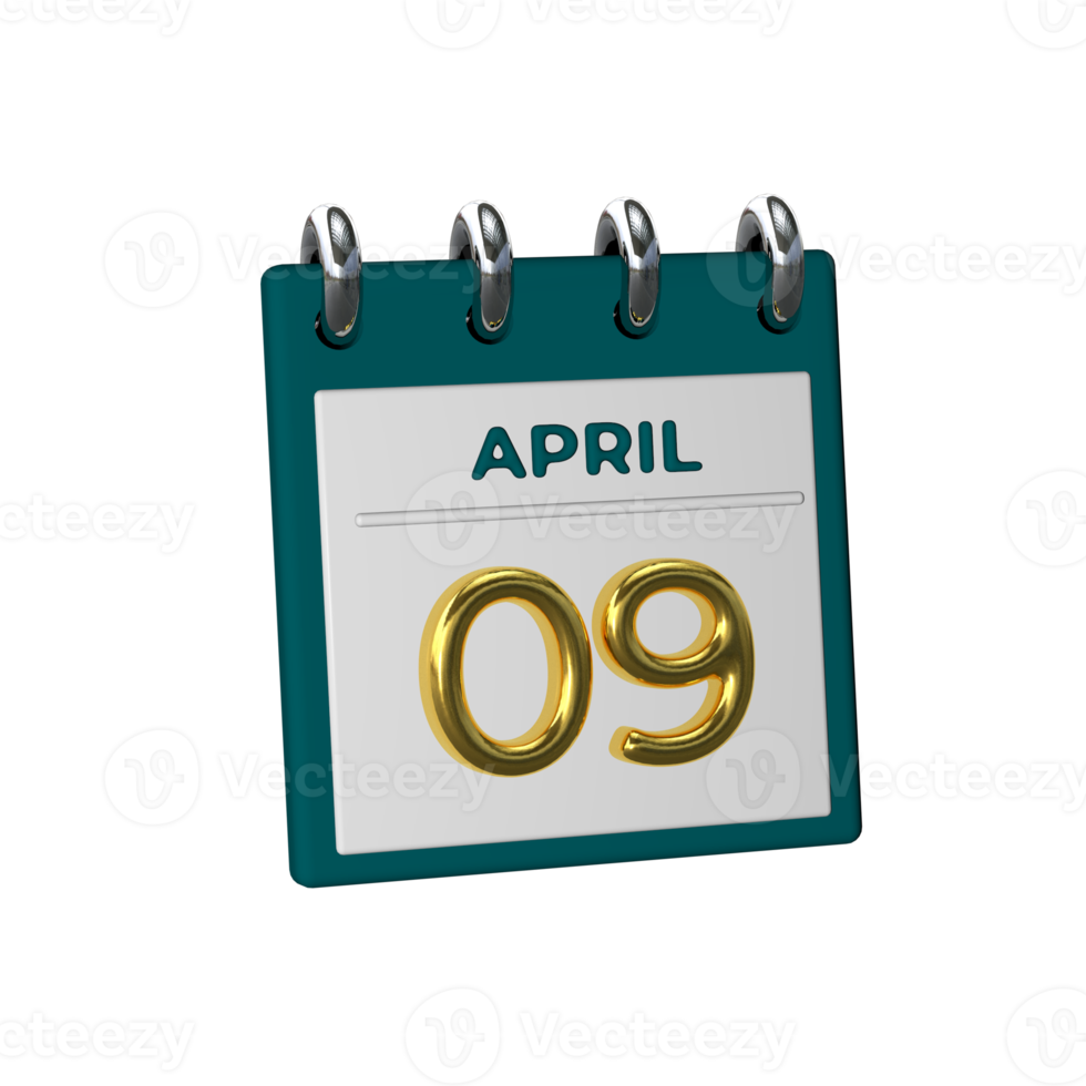 calendario mensual 09 de abril representación 3d png