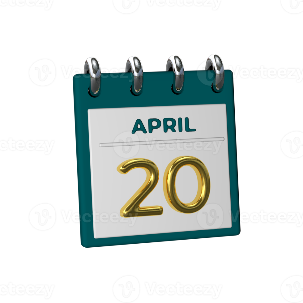 Monthly Calendar 20 April 3D Rendering png