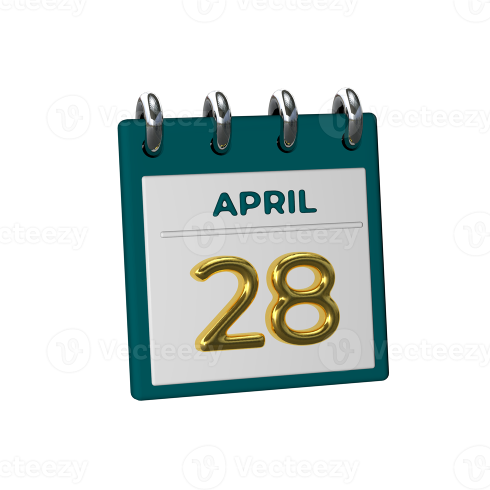 Monthly Calendar 28 April 3D Rendering png