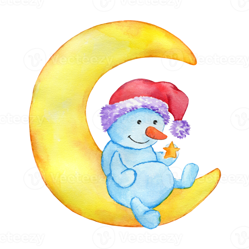 Cute character snowman in a hat sitting on the moon, watercolor illustration hand-drawn png