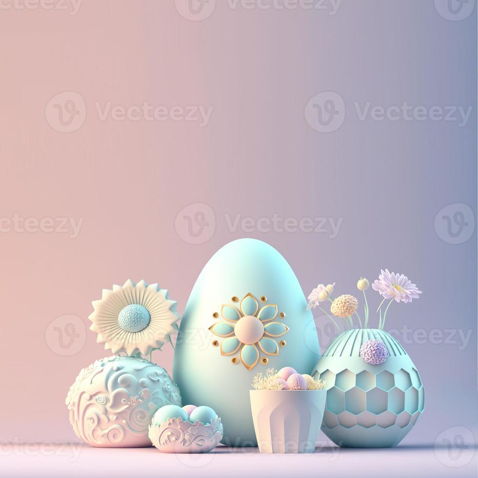 Happy Easter Background with 3D Easter Eggs and Flower for Promotion photo