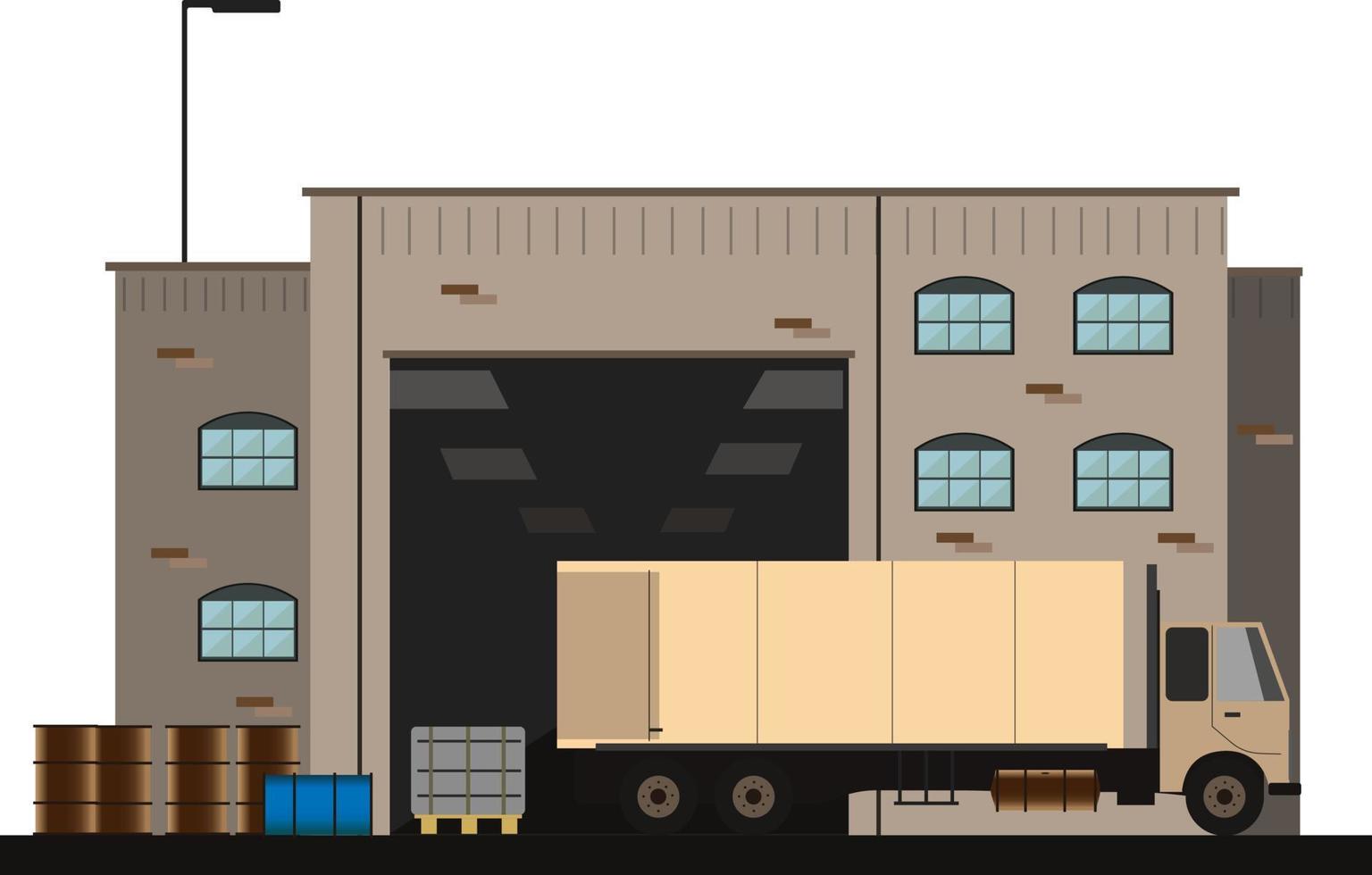 The truck unloads the goods near the warehouse vector