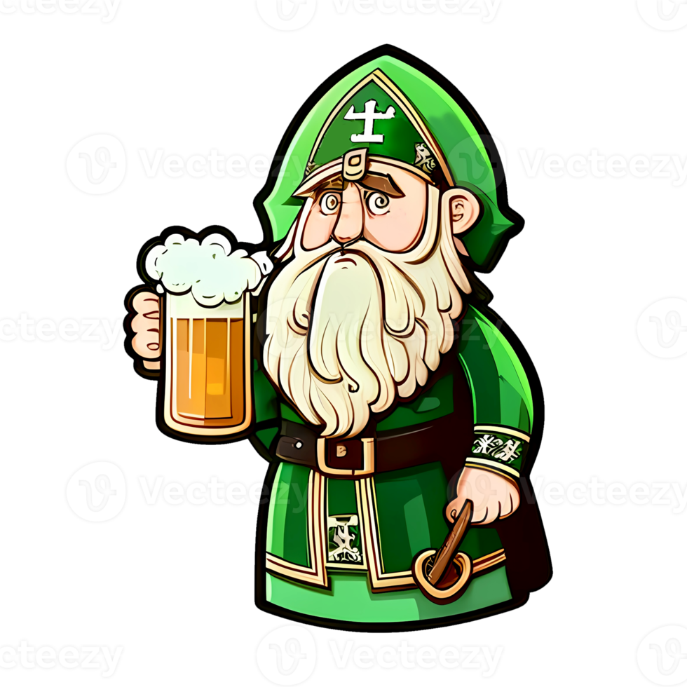 St. Patrick in a green suit with a beer in his hand png