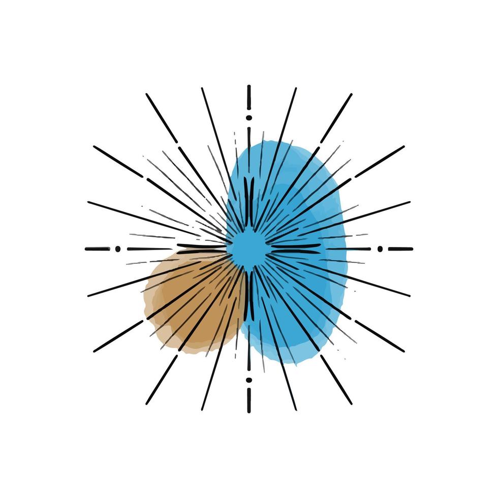 Vector illustration of abstract sun hand drawn in black line. Colored spots of watercolor paint. Logo for isoterics, celestial bodies, astrology.