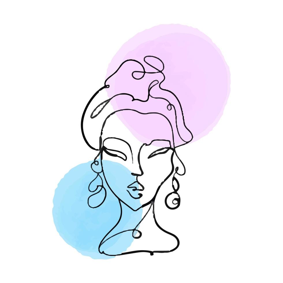 Simple, minimalist vector illustration of beautiful woman face. Line drawing With watercolor stains.