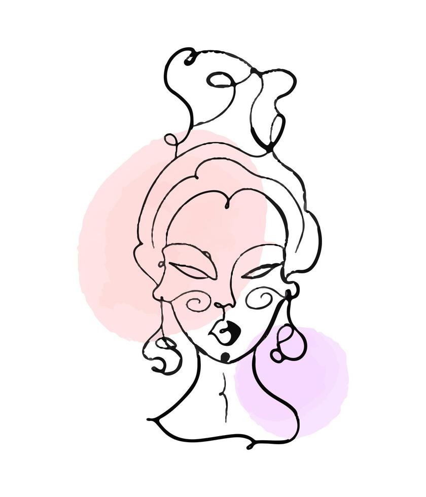 Simple, minimalist vector illustration of beautiful woman face. Line drawing With watercolor stains.
