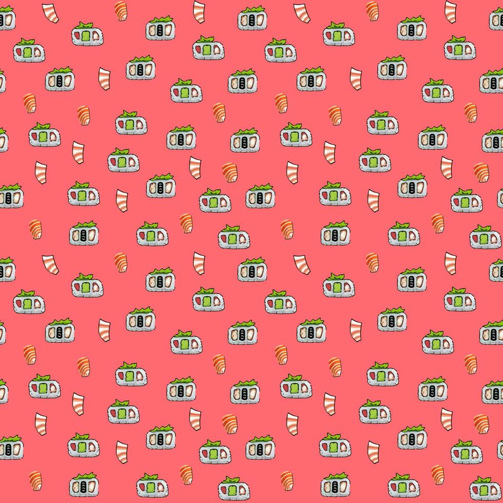 Cute seamless pattern with sushi and salmon in cartoon style. vector