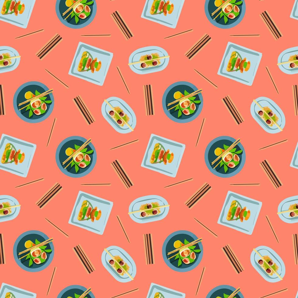 Vector Cute seamless pattern with Asian food in cartoon style.