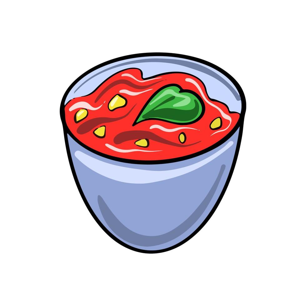 Salsa tomato ketchup in bowl isolated icon. Vector plate with tomato hot chili spicy snack. Sauce-boat portion, bbq catchup. Food condiment sour sweet sauce on plate
