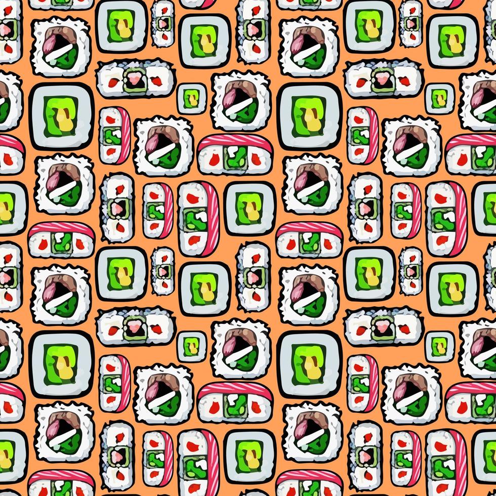 Cute seamless pattern with sushi and salmon in cartoon style. vector