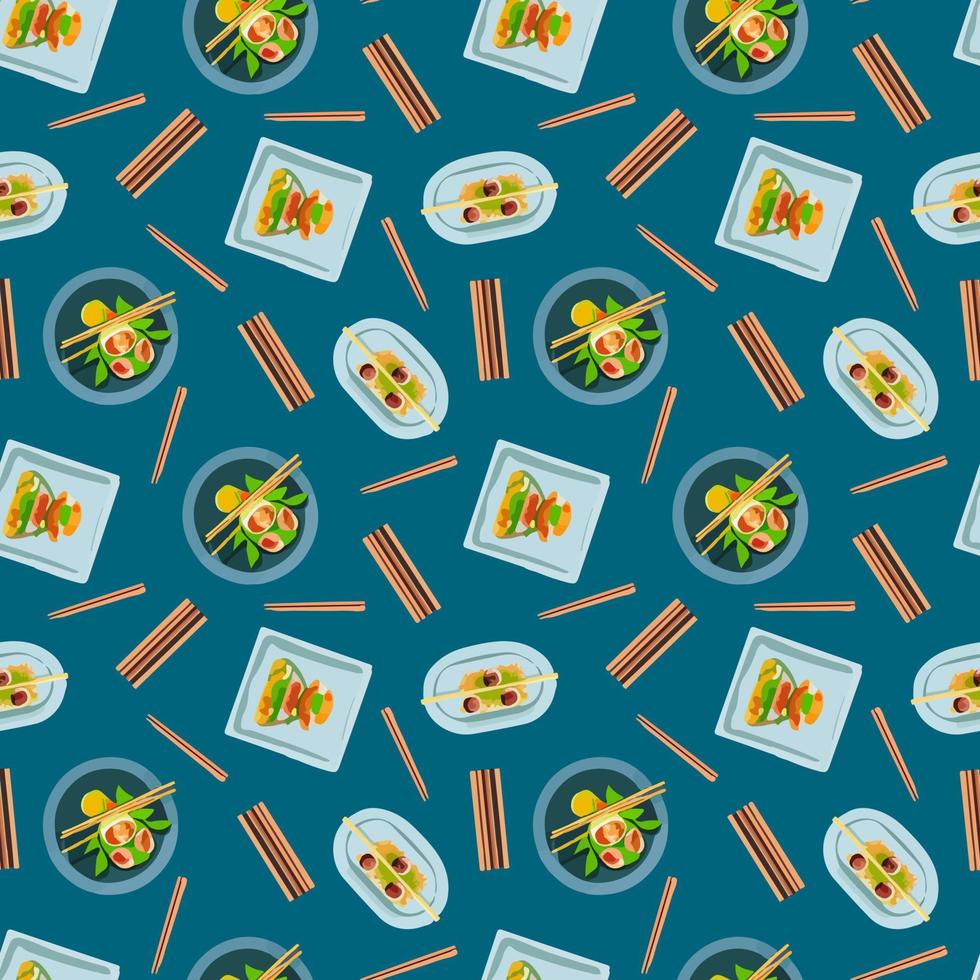 Vector Cute seamless pattern with Asian food in cartoon style.