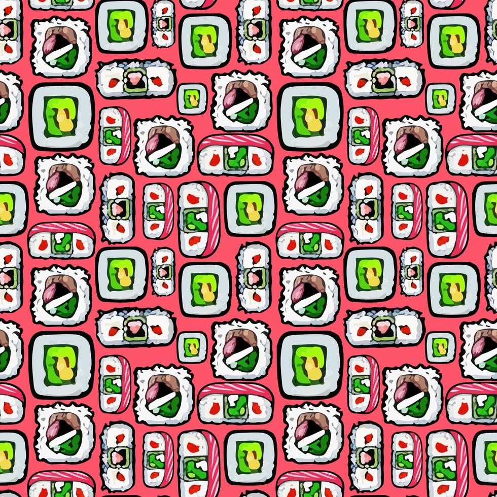 Cute seamless pattern with sushi and salmon in cartoon style. vector