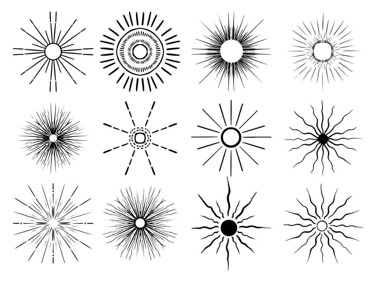 Sun collection in doodle hand drawn style. Simple black illustrations of celestial bodies, stars, esoteric for logo. vector