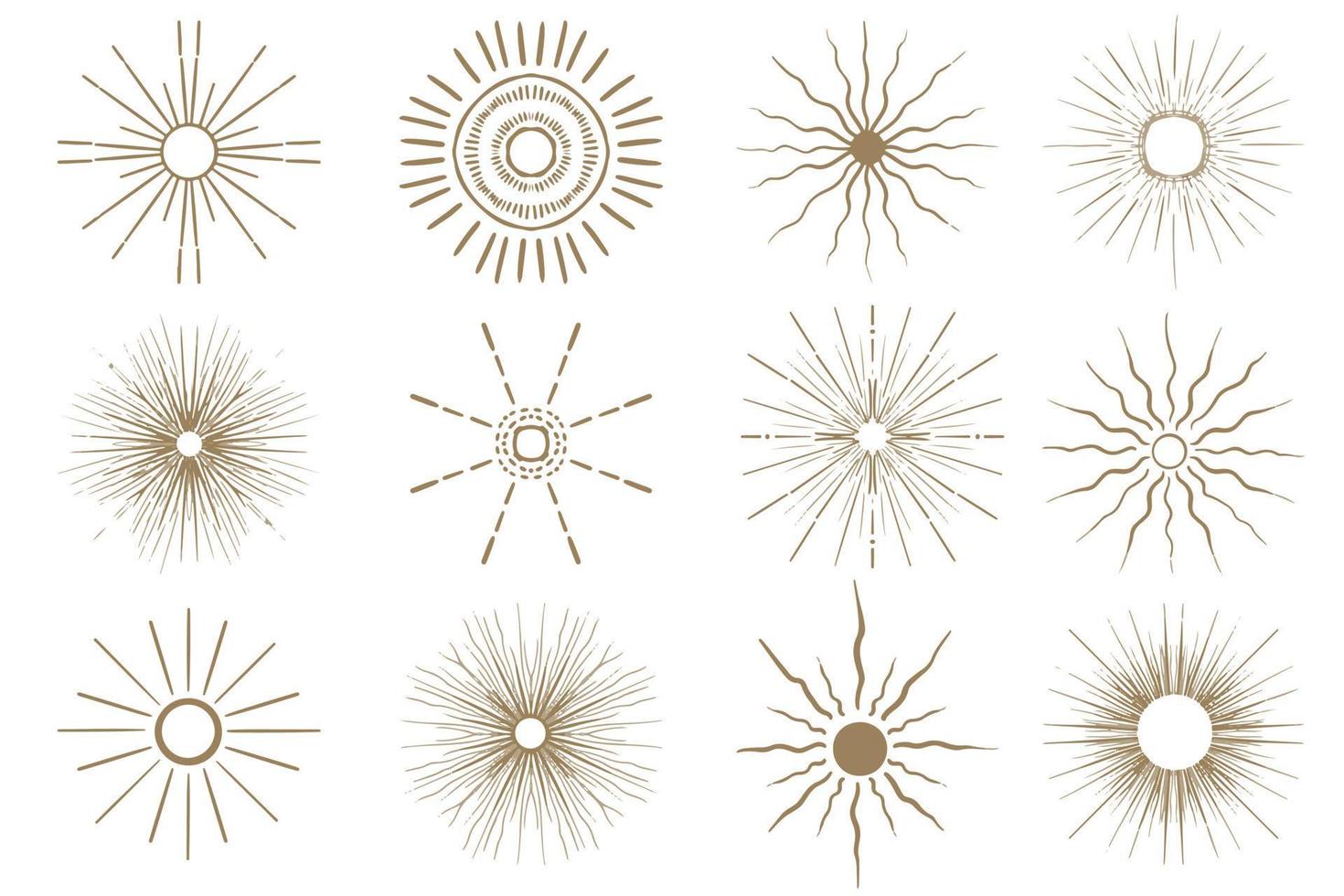 Abstract collection golden sun hand drawn in boho style. Celestial body, isoteric star, zodiac signs. vector