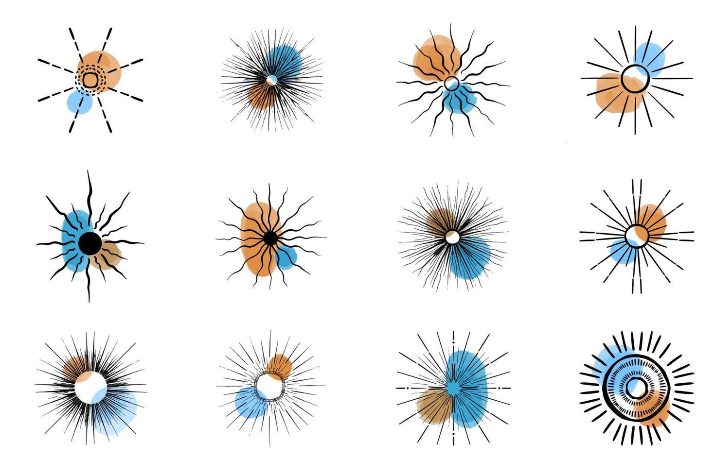 colección de vectores de línea negra dibujada a mano de sol abstracto. manchas de colores de pintura de acuarela. logo para isoterismo, cuerpos celestes, astrología.