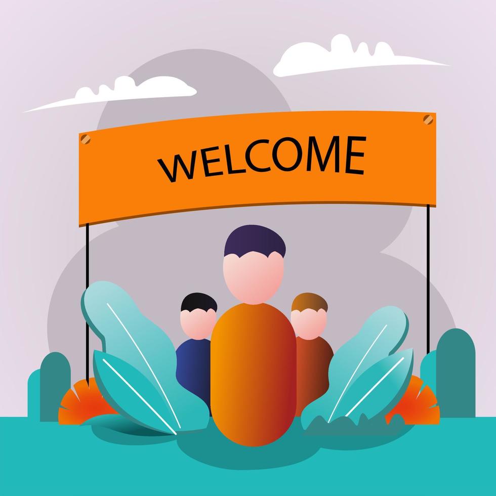 Welcome greeting banner flat design three people vector