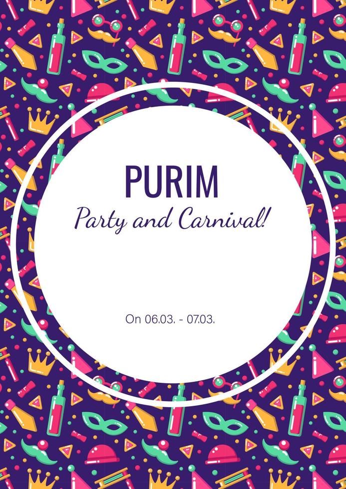 Purim carnival and party announcement, vector banner, invitation, greeting, advertise of party, with seamless pattern on the background.