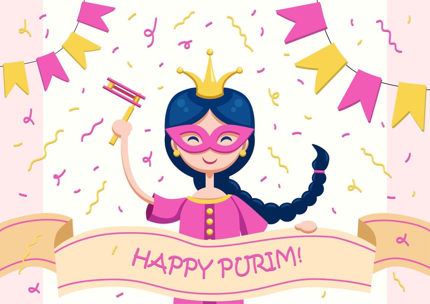 estandarte festivo de purim con una linda chica disfrazada, corona y máscara, ilustración vectorial, tarjeta de saludo e invitación, estandarte, postal para la festividad judía. vector