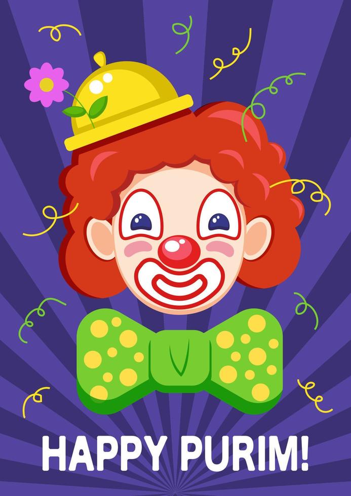 Purim poster with funny clown and invitation text, greeting card, invitation, banner, party announcement for jewish Purim holiday with funny clown carnival mask. vector