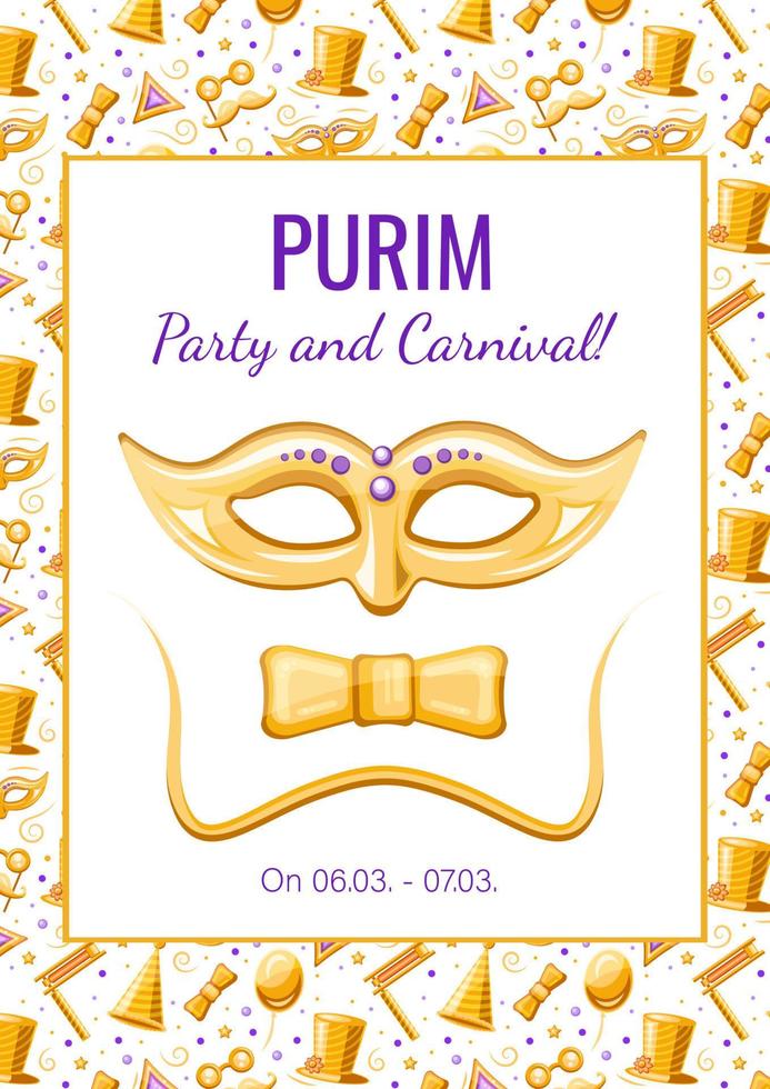 Purim golden poster with mask and bow tie, vector banner, advertising, announcement of an event, holiday invitation with golden seamless pattern.