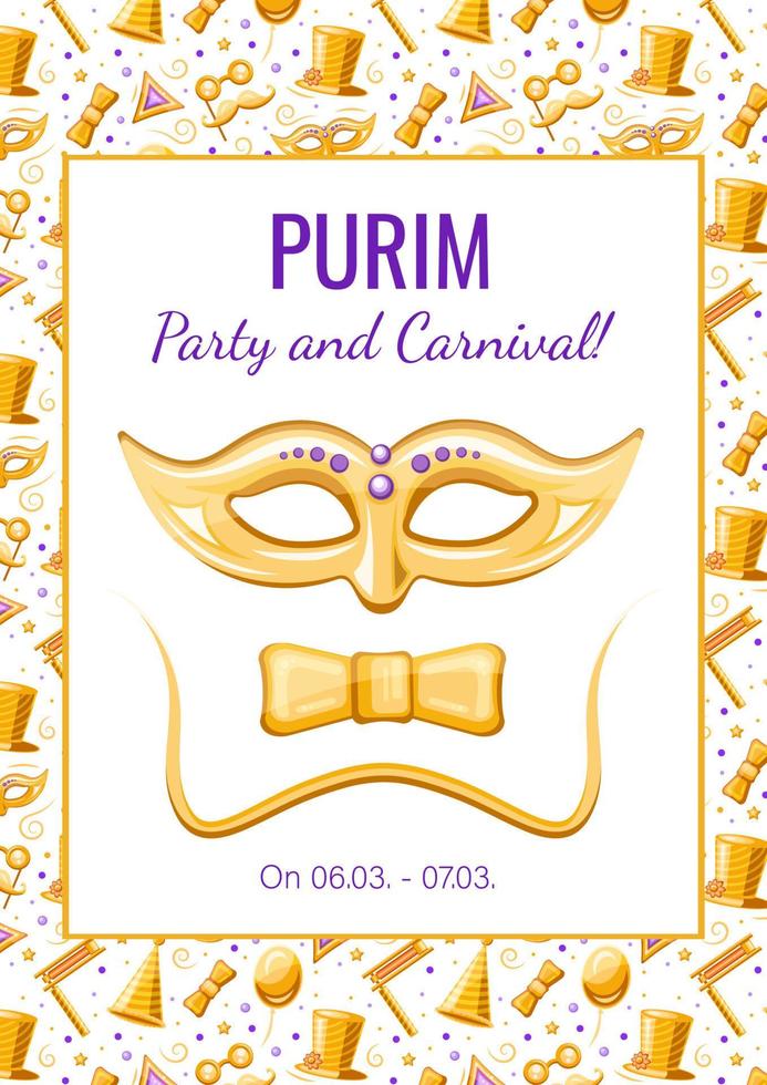 Purim golden poster with mask and bow tie, vector banner, advertising, announcement of an event, holiday invitation with golden seamless pattern.