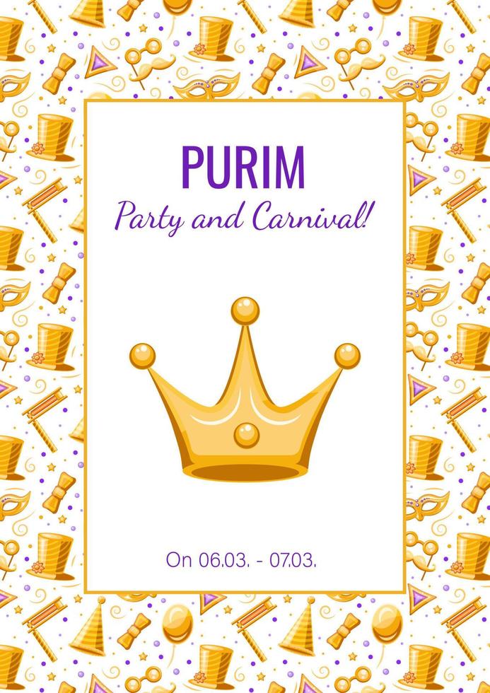 Purim golden poster with seamless pattern, vector banner, advertising, announcement of an event, holiday invitation.