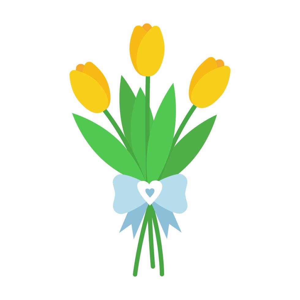 Bouquet of flowers with bow, ribbon and hearts. Vector illustration of yellow tulips. Spring plants with decorative elements for greeting card design.