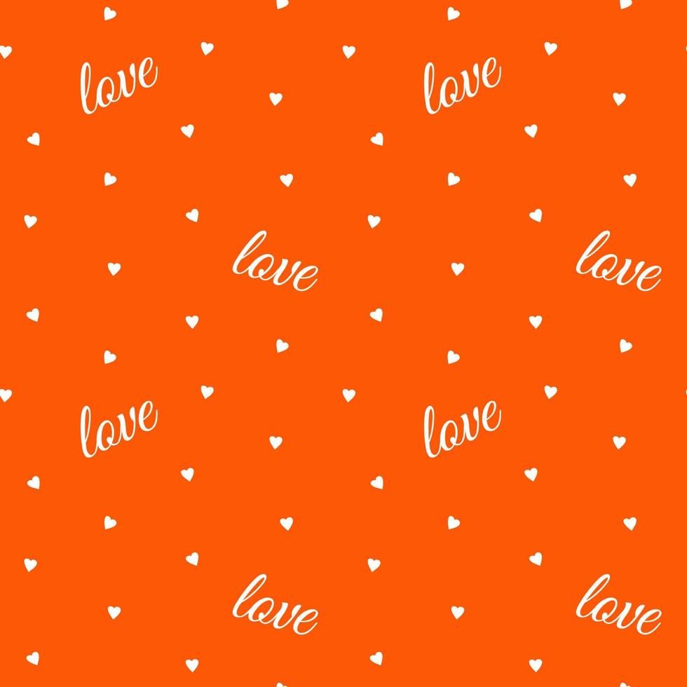 Seamless pattern with small white hearts and lettering love. Vector illustration of romantic background. Valentine's Day design for textile and packaging paper.