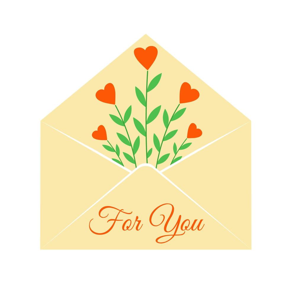 Envelope with flowers, red hearts and lettering For you. Romantic vector illustration. Design for Valentine's Day and holiday greeting card.