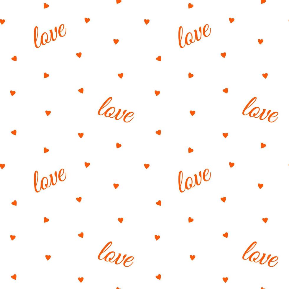Seamless pattern with small red hearts and lettering love. Vector illustration of romantic background. Valentine's Day design for packaging paper and textile.