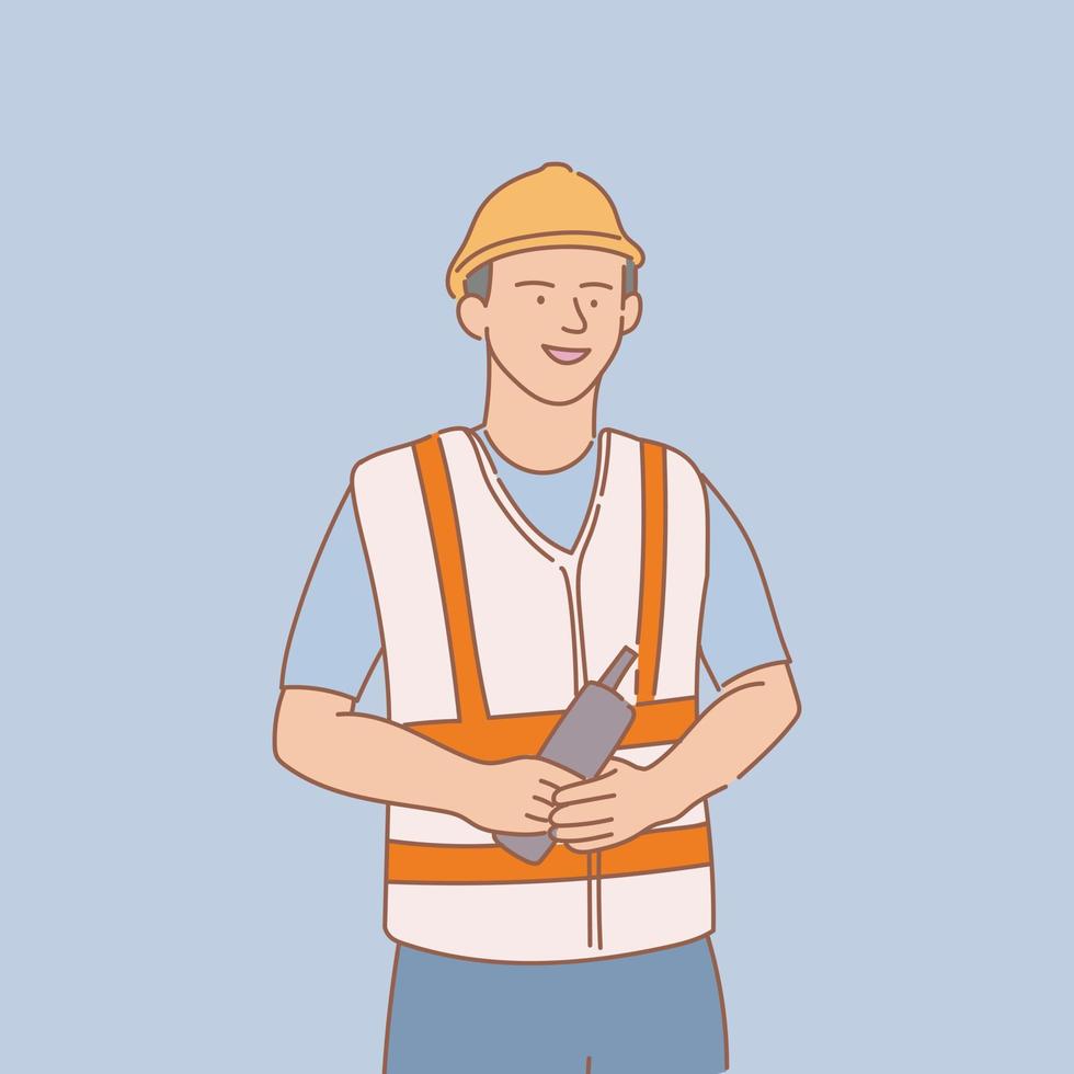 engineer hold phone with smile with outline or line and clean simple style vector