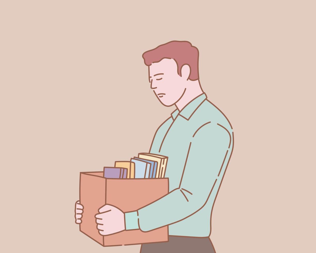 unemployment man employee bring his stuff from office with outline or line and clean simple style vector