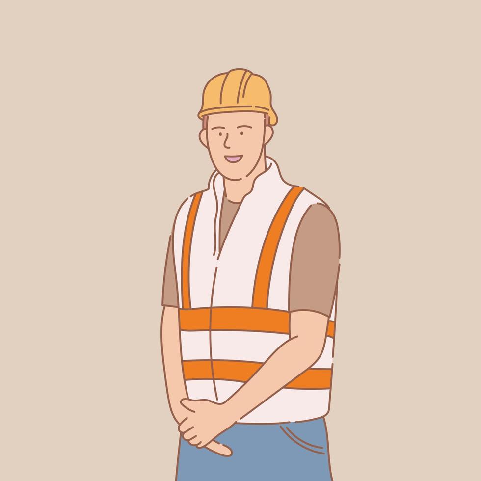 engineer standing with yellow helmet and safety jacket with outline or line and clean simple style vector