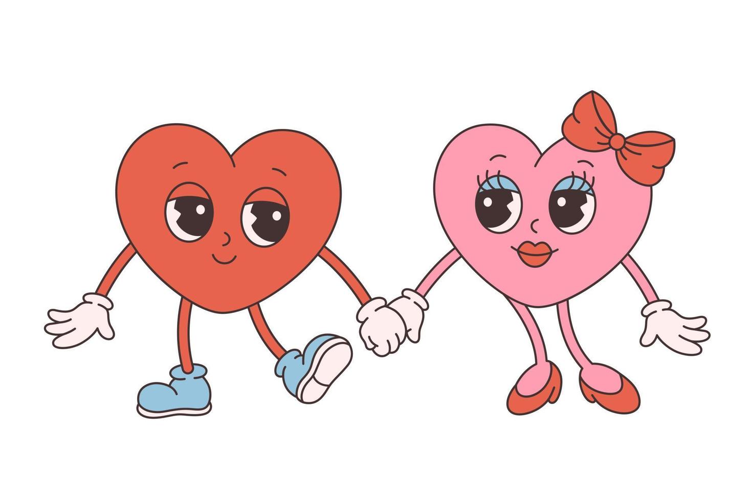 Trendy retro cartoon heart characters. Groovy style, vintage, 70s 60s aesthetics. Happy Valentines day. vector