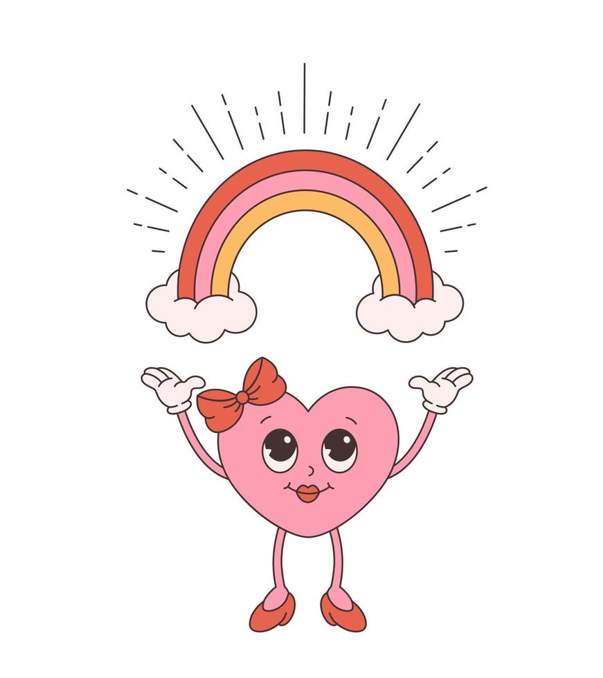 personaje de corazón de dibujos animados retro de moda con arco iris. estilo maravilloso, vintage, estética de los años 70 y 60. Día de San Valentín vector