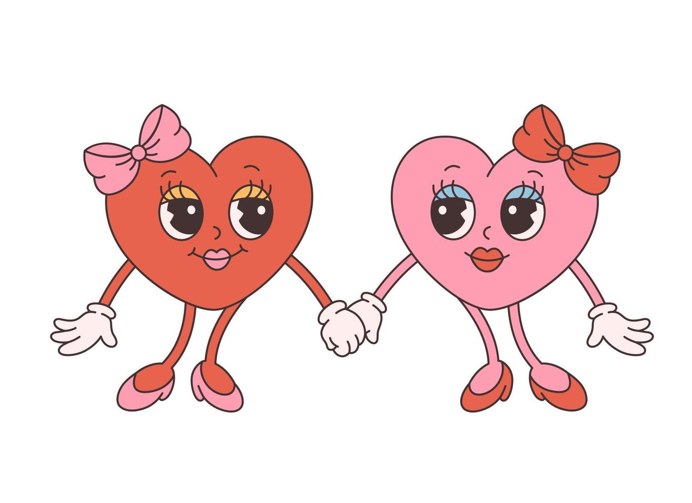 Trendy retro cartoon heart characters. Groovy style, vintage, 70s 60s aesthetics. Happy Valentines day, lesbian couple vector