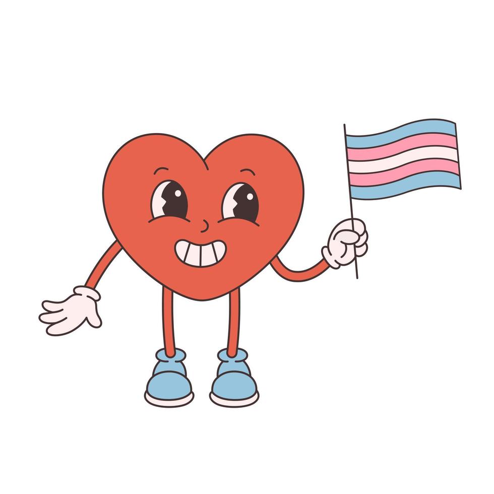 personaje de corazón de dibujos animados retro de moda. estilo maravilloso, vintage, estética de los años 70 y 60. día de san valentín, lgbtq, bandera transgénero. vector