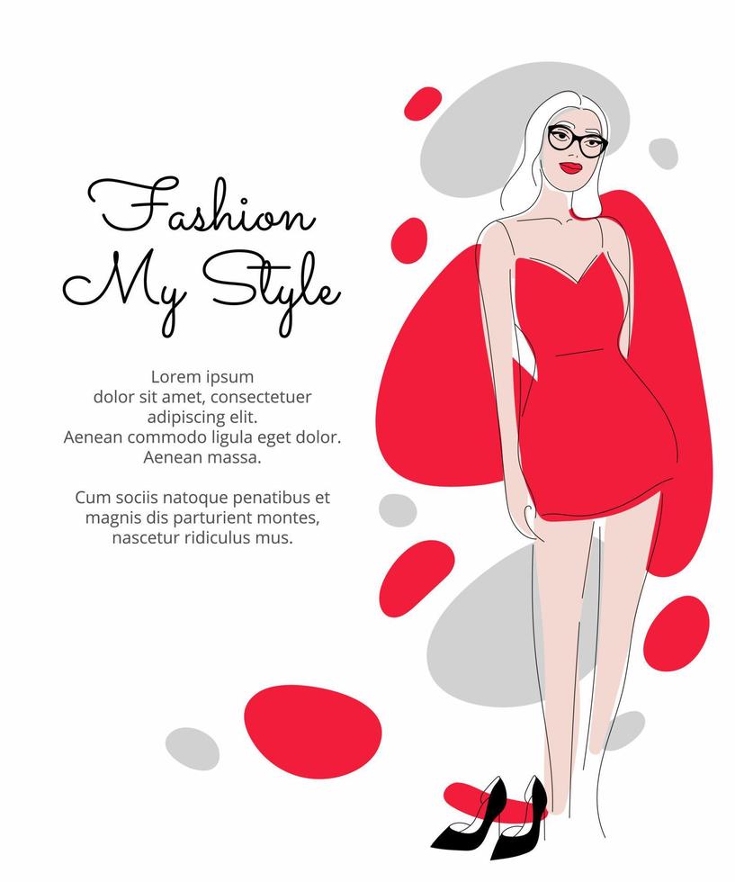 Woman face in trendy art style. Line art in an elegant style banner template. Beautiful Female face contour vector illustration. Fashion and make up concept. Red dress. Wave abstract elements.