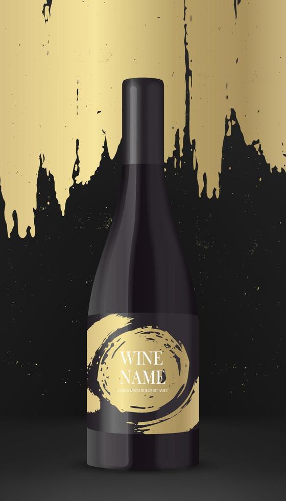 botella de vino con etiqueta sobre fondo blanco. botella negra 3d realista con líquido rojo. banner de maqueta de colocación de productos para la marca. escenario de fondo dorado de lujo grunge. ilustración vectorial vector