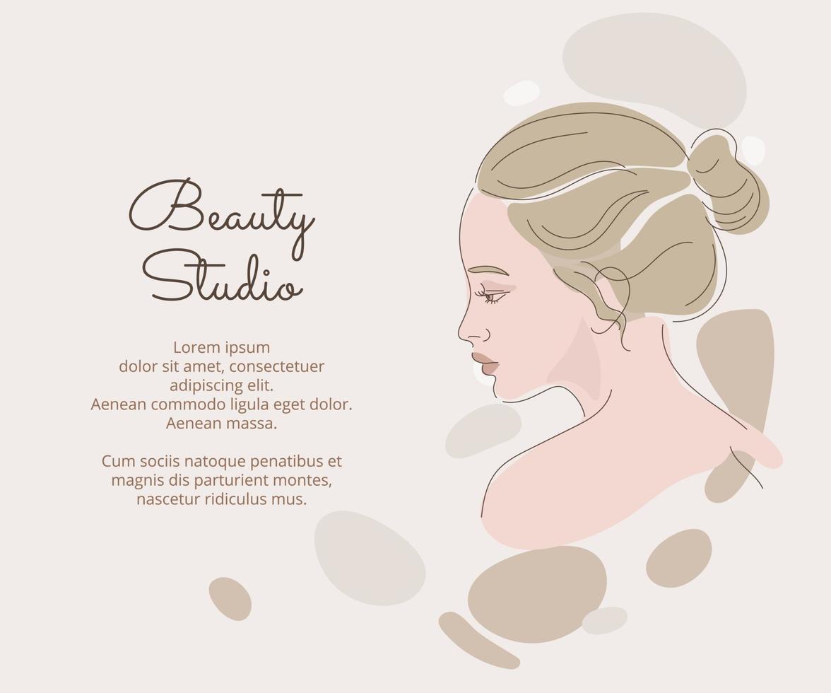 Woman face in trendy art style. Line art in an elegant style banner template. Beautiful Female face contour vector illustration. Skin care make up. SPA concept. Wave abstract elements. Pastel colors.