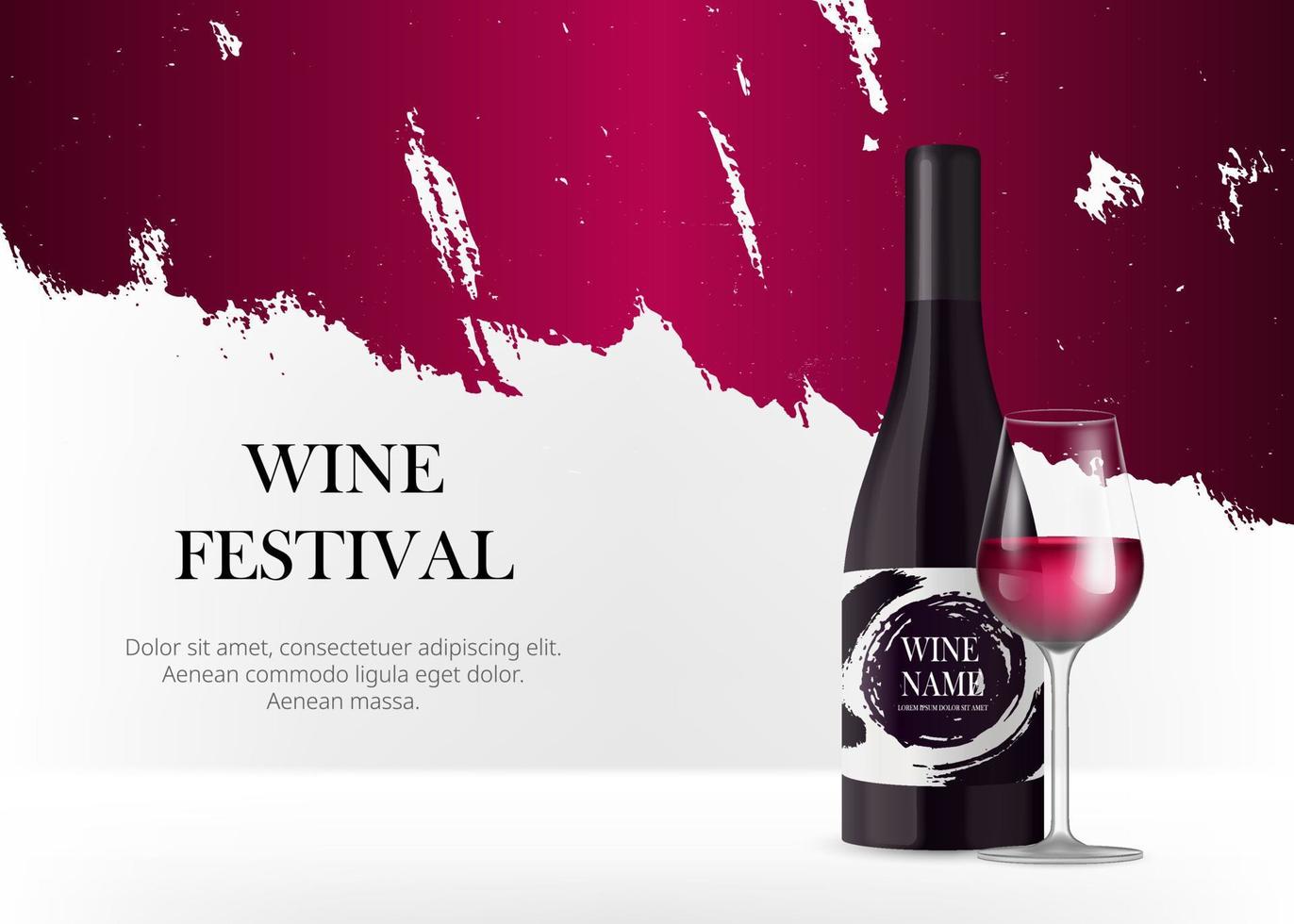 Wine bottle with label on white background. Black bottle. Realistic 3d wine glass with red liquid. Product mock up banner for branding. Grunge luxury background stage. Vector illustration.