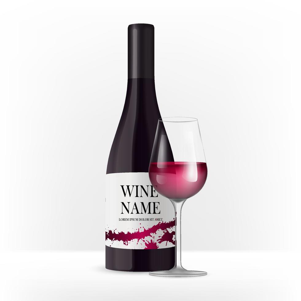 Wine bottle with label isolated on white background. Black bottle, made in a realistic style. Realistic 3d wine glass with red liquid. Product mock up for branding. Vector illustration.
