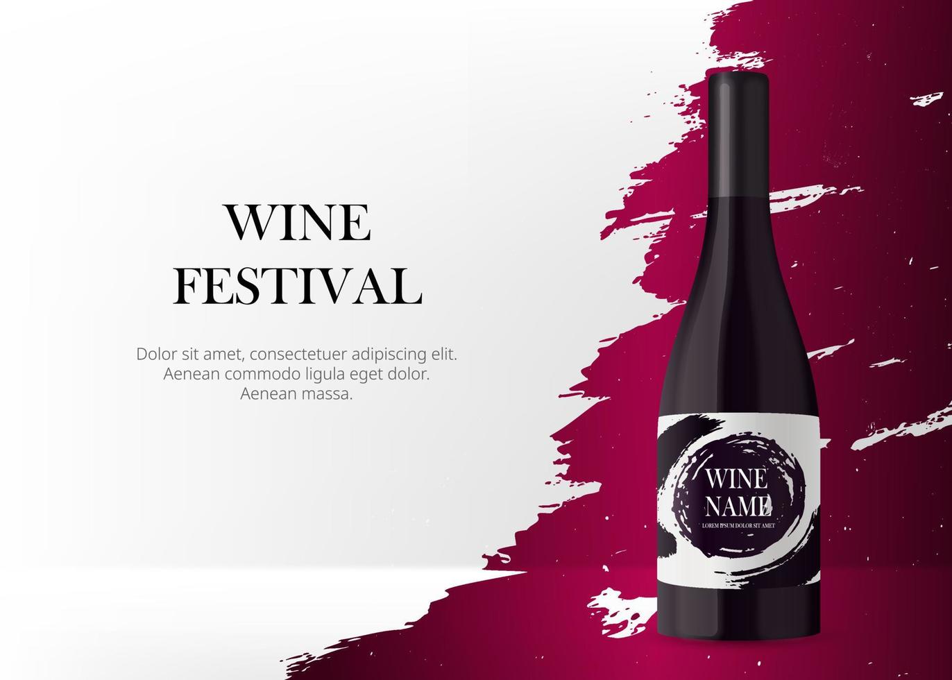 Wine bottle with label on white background. Realistic 3d Black bottle with red liquid. Product placement mock up banner for branding. Grunge luxury background stage. Vector illustration.