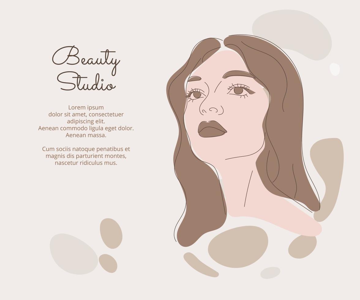 rostro femenino en estilo de arte de moda. arte de línea en una plantilla de banner de estilo elegante. Ilustración de vector de contorno de cara de mujer hermosa. maquillaje para el cuidado de la piel. concepto de spa. elementos abstractos de onda. colores desnudos