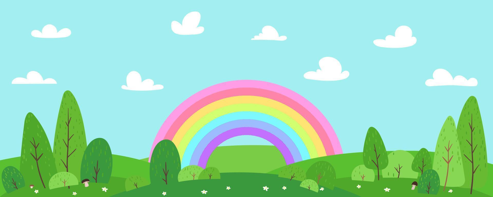 Vector illustration of beautiful summer landscape forest, mushrooms, trees, bushes, green hill, blue sky, clouds, rainbow, woods background in flat banner cartoon style. Nature in Children style.