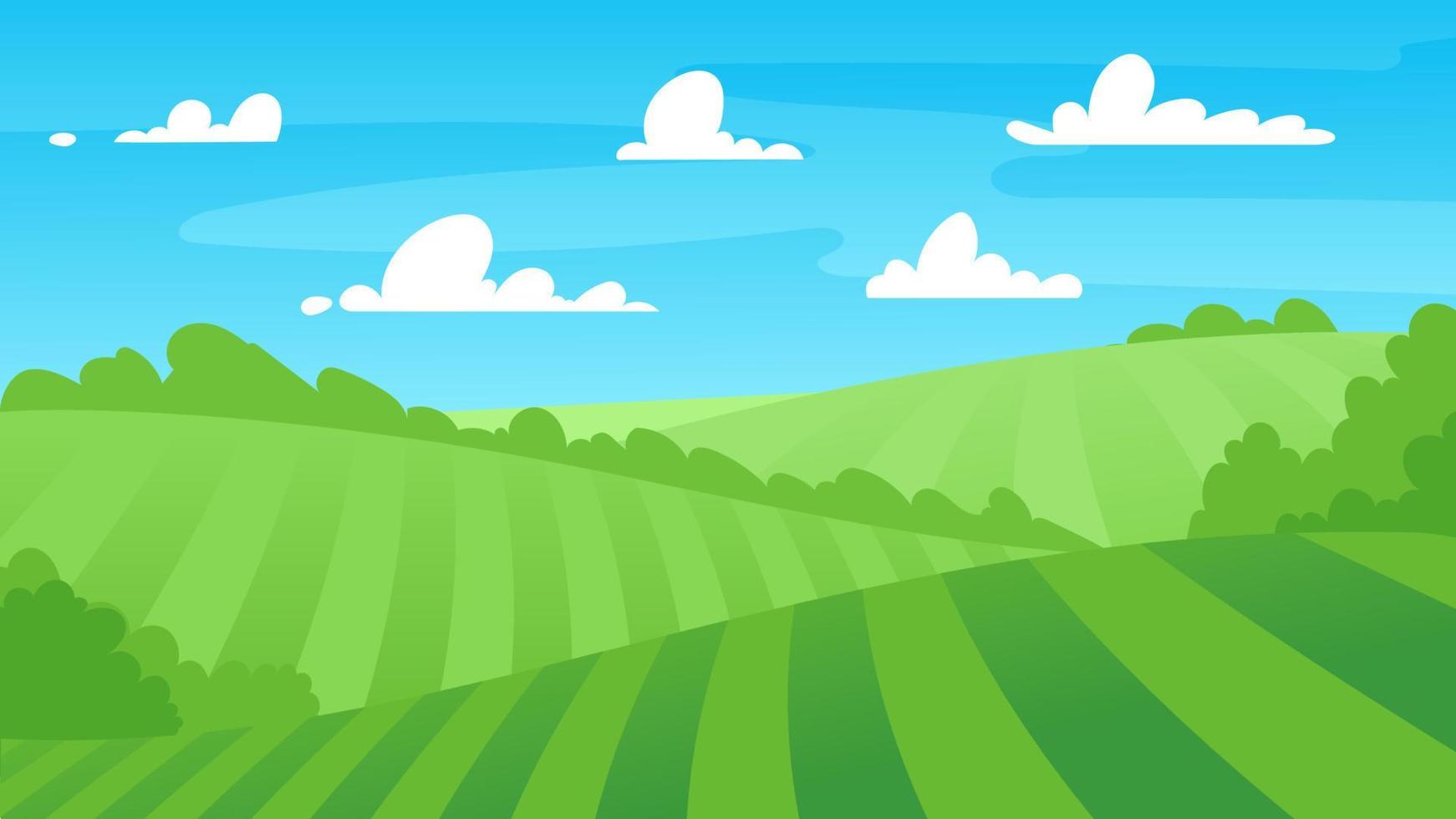 Spring green hills landscape. Farm, agriculture and garden. Vector illustration of garden work, garden beds, planting seedlings rise, trees and nature. Drawing for a poster, postcard or background.