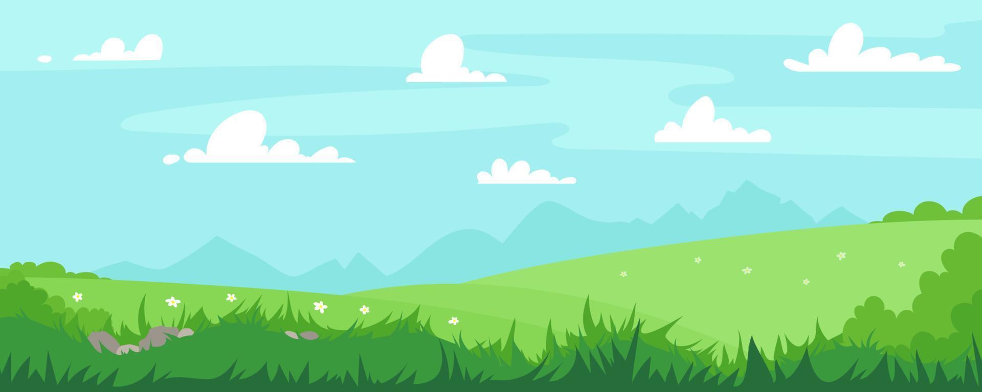 Vector illustration of beautiful summer landscape fields, flowers, grass, trees green hills, mountains blue sky bright color, clouds country background in flat banner cartoon style. Spring season.