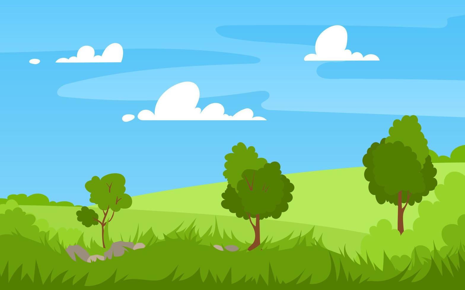 ilustración vectorial de hermosos campos de paisajes de verano, árboles, colinas verdes, hierba alta, color brillante del cielo azul, fondo de campo de nubes en estilo de dibujos animados de banner plano. vector