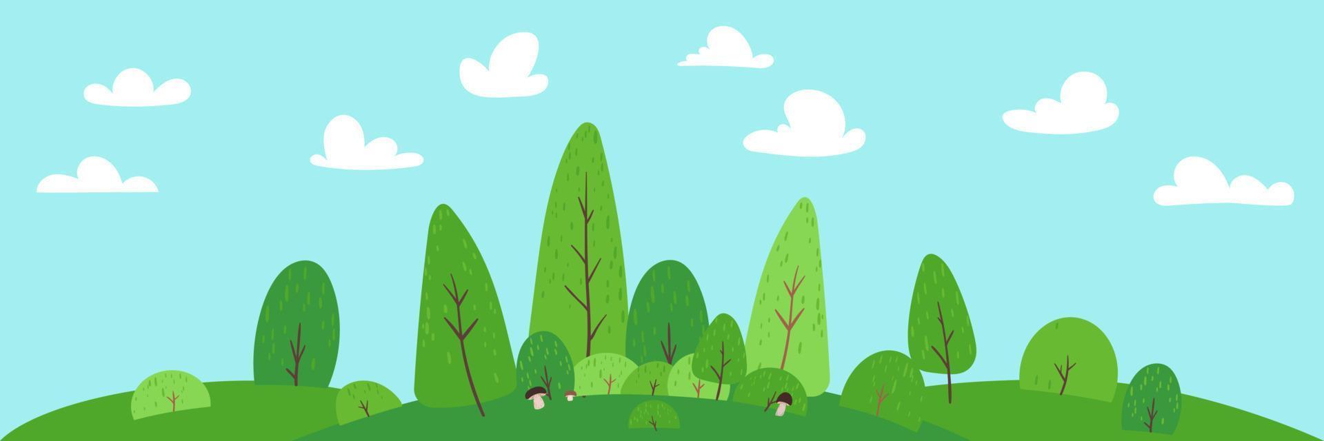 ilustración vectorial de un hermoso bosque paisajístico de verano, setas, árboles, arbustos, colina verde, color brillante del cielo azul, nubes, fondo de madera en estilo de dibujos animados de pancartas planas. naturaleza al estilo de los niños. vector